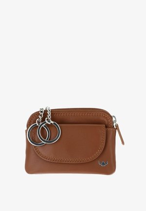 Brown leather coin pouch with front flap pocket, zipper closure, and two silver key rings attached by chains.
