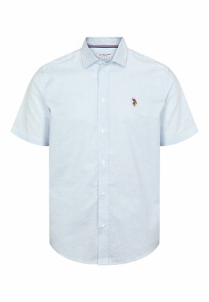 Short-sleeve light blue checkered shirt, button-down collar, featuring a small embroidered logo on the chest, made from cotton fabric.