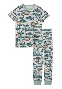 Baumwoll-Pyjama-Set mit einem T-Shirt mit kurzen Ärmeln und langen Hosen, verziert mit bunten Fischen und aquatischen Mustern. In sanftem mintgrün gehalten.