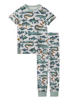 Baumwoll-Pyjama-Set mit einem T-Shirt mit kurzen Ärmeln und langen Hosen, verziert mit bunten Fischen und aquatischen Mustern. In sanftem mintgrün gehalten.