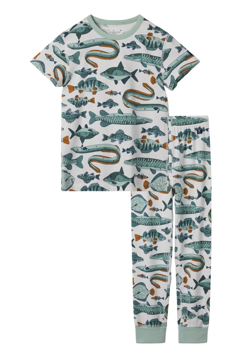 Baumwoll-Pyjama-Set mit einem T-Shirt mit kurzen Ärmeln und langen Hosen, verziert mit bunten Fischen und aquatischen Mustern. In sanftem mintgrün gehalten.