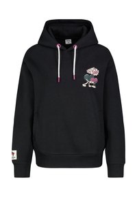 Schwarzer Hoodie mit weißen Kordeln und pinkfarbenen Akzenten. Verziert mit einem Grafikdesign von zwei Herzen und dem Schriftzug "SPARKLING LOVE". Mit einer Fronttasche ausgestattet.