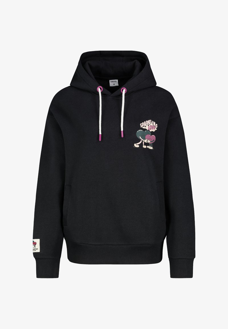 Schwarzer Hoodie mit weißen Kordeln und pinkfarbenen Akzenten. Verziert mit einem Grafikdesign von zwei Herzen und dem Schriftzug "SPARKLING LOVE". Mit einer Fronttasche ausgestattet.
