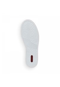 Semelle intérieure de chaussure blanche présentant une surface texturée avec de petits points surélevés, des rainures horizontales et un logo rouge.