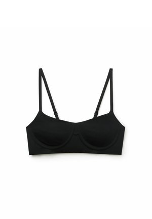 Czarny biustonosz typu bralette z fiszbinami, cienkimi regulowanymi ramiączkami i gładkim materiałem na białym tle.