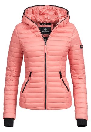 Helle rosa, gepolsterte Steppjacke mit Kapuze, Frontreißverschluss und schwarzen Akzenten. Verfügt über zwei Seitentaschen und gerippte Bündchen.
