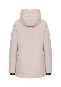 Lichtbeige waterdichte jas met capuchon, met een gladde textuur, lange mouwen en zwarte boorden. De achterkant heeft een horizontale naad.