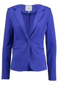 Veste violette en tissu doux, dotée d'un col cranté, d'une fermeture à bouton unique et de deux poches avant avec des détails de couture subtils.