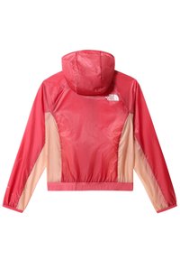 Červená a světle růžová bundička s kapucí s krátkým střihem, vyrobená z lehkého, lesklého materiálu, se zakončením na gumičku a logem na zadní straně.