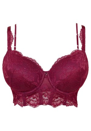 Deep red lace bra with floral patterns, underwire cups, adjustable straps, and scalloped lace trim along the bottom edge.