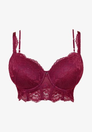 Dunkelroter Spitzen-BH mit floralen Mustern, Bügel-Cups, verstellbaren Trägern und gezacktem Spitzenbesatz entlang des unteren Randes.