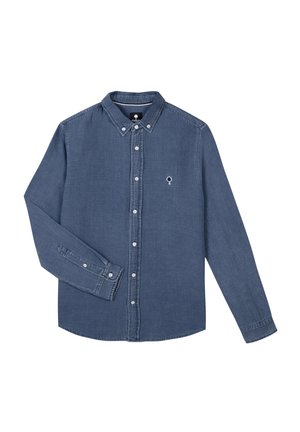 Donkerblauwe, lange mouwen overhemd met knopen. Gemaakt van denim stof, het heeft een klassieke kraag, knoopsluiting aan de voorkant en een klein boomlogo op de borst.