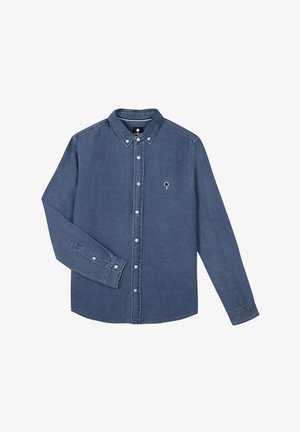 Dunkelblaues, langärmliges Button-Up-Hemd. Hergestellt aus Jeansstoff, verfügt es über einen klassischen Kragen, eine Knopfleiste vorne und ein kleines Baum-Logo auf der Brust.