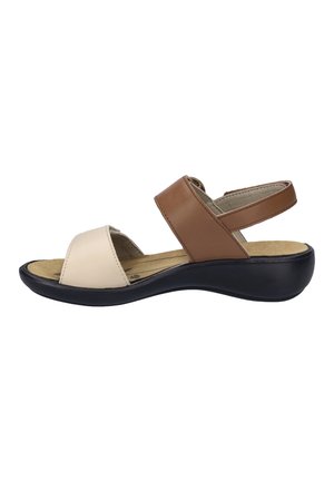 Brown and beige leather sandal with a sloped black sole, open toe, and adjustable ankle strap; cushioned footbed for support.