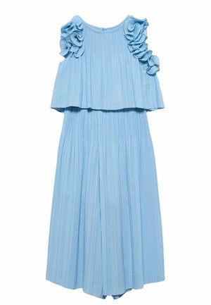 Vestito senza maniche azzurro chiaro plissettato con top a strati e dettagli arricciati sulle spalle.