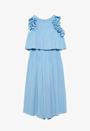Vestito senza maniche azzurro chiaro plissettato con top a strati e dettagli arricciati sulle spalle.