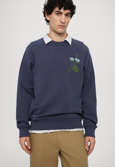 Mørkeblå hettegenser med raglanermer, prydet med grønn og blå blomsterbroderi på brystet. Bærers over en stripete kragebluse.