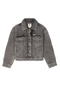 Grijze denim jacket met een klassieke kraag, knoopsluitingen, twee borstzakken en een cropped ontwerp met contrasterende stikseldetails.