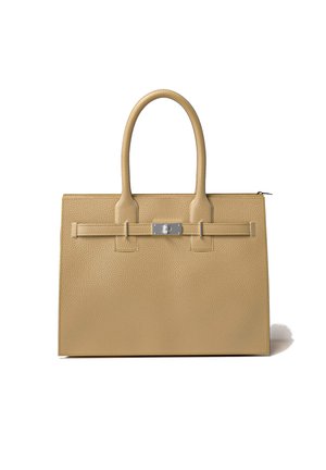 Beige leather tote bag, textured finish, dual rounded handles, a metal clasp detail on the front, zip closure at the top.