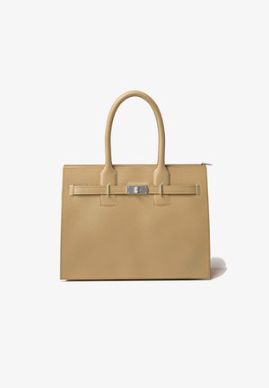 Beige leather tote bag, textured finish, dual rounded handles, a metal clasp detail on the front, zip closure at the top.