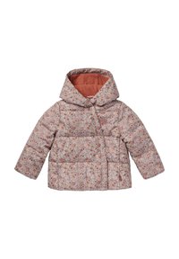 Fodrad jacka med blommönster i rosa, lila och orange nyanser; har en stor huva och texturerad foder. Framknäppning med knappar.