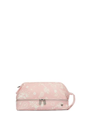 Roze toilettasje met witte bloemen- en paisleypatronen, twee ritsvakken en een zijriemhandvat.