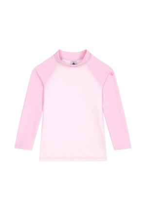 Langarm-Rashguard in hellrosa mit geripptem Textur-Einsatz am Körper und einfarbigen rosa Raglanärmeln. Rundhalsausschnitt.