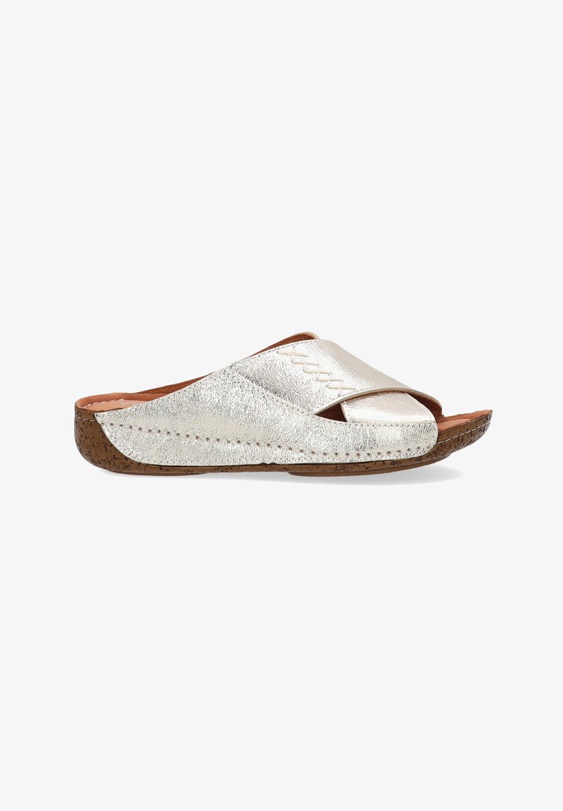 Silver metallic slide sandal with a cork sole, featuring a crisscross strap design and slight toe opening. Smooth texture with stitched accents.