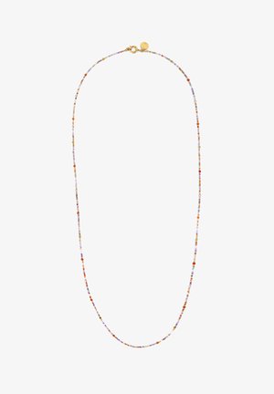 Kralenketting met een verscheidenheid aan kleine, meerkleurige kralen, voorzien van een gouden sluiting en fijne ketting. Het patroon wisselt af in kleuren en vormen.