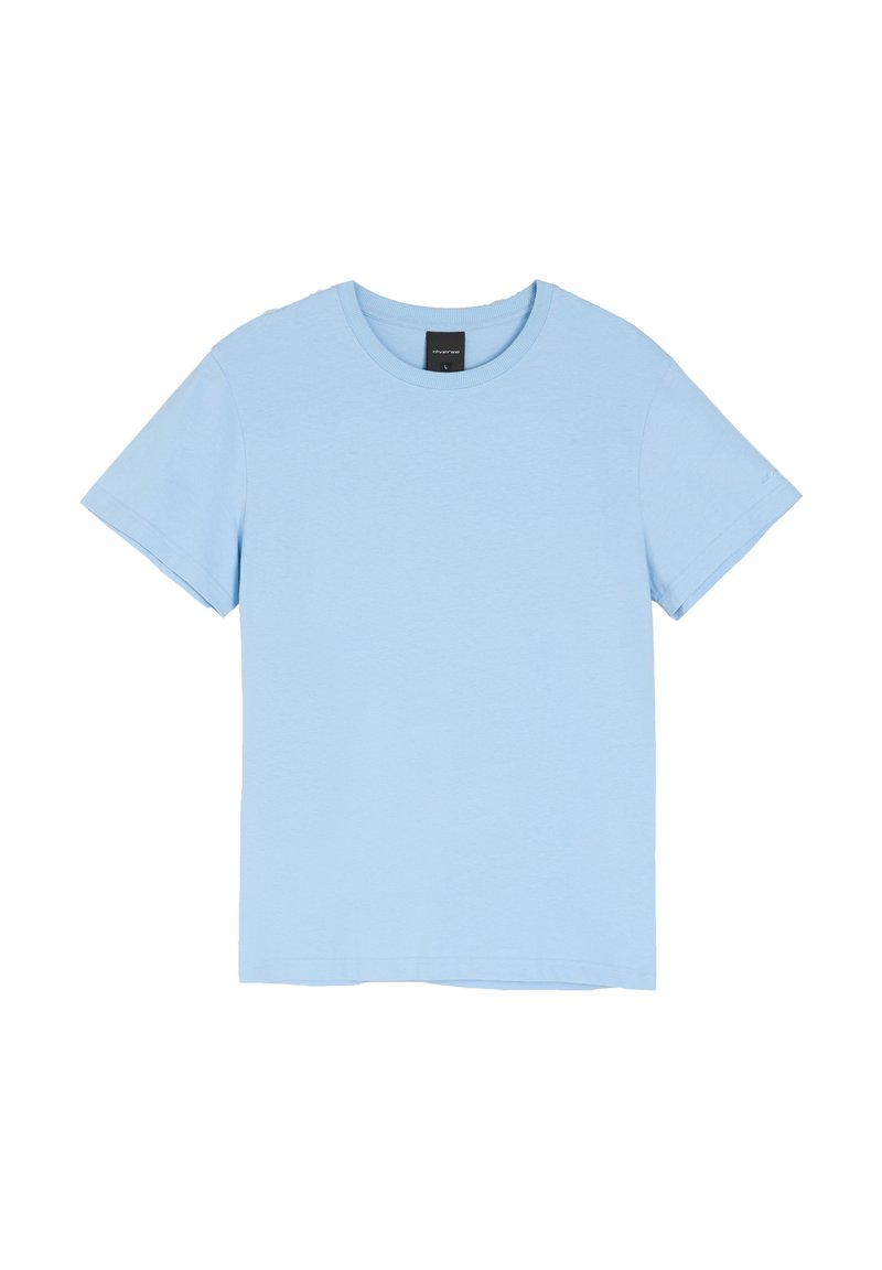 Jasnoniebieski bawełniany T-shirt z okrągłym dekoltem, krótkimi rękawami i standardowym krojem. Gładka tekstura, bez widocznych wzorów ani akcentów.