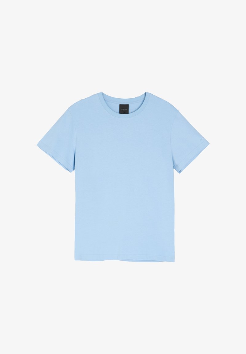 Jasnoniebieski bawełniany T-shirt z okrągłym dekoltem, krótkimi rękawami i standardowym krojem. Gładka tekstura, bez widocznych wzorów ani akcentów.