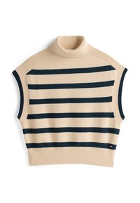 Beżowy sweter bez rękawów z wysokim kołnierzem, ozdobiony granatowymi poziomymi paskami, o prążkowanej fakturze i małym logo na dole.