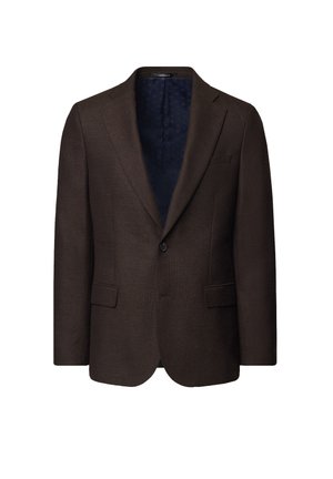 Brązowa marynarka z teksturowanej tkaniny, z jednym guzikiem, dwiema przednimi kieszeniami i wzorzystą niebieską podszewką.