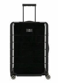 Black hard-shell suitcase with a glossy finish, featuring recessed handle, four wheels, and brand logo on the front. Smooth, rectangular design.