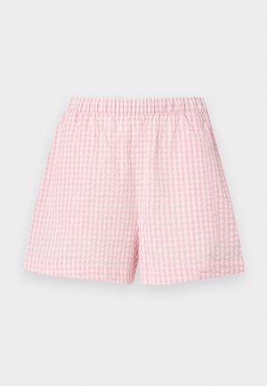 Ružovo-biele gingham kockované šortky s elastickým pásom, vyrobené z ľahkej seersucker látky.