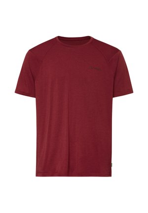 Schlichtes kurzärmliges T-Shirt in Burgunderrot mit Rundhalsausschnitt und kleinem schwarzem Vaude-Logo auf der linken Brust.