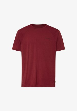 Schlichtes kurzärmliges T-Shirt in Burgunderrot mit Rundhalsausschnitt und kleinem schwarzem Vaude-Logo auf der linken Brust.