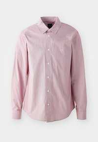 Rosa stripete langermet skjorte med krage som kan kneppes, frontåpning, hvite knapper og en liten logo på venstre bryst.