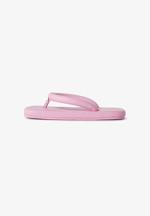 Tongs roses en caoutchouc, présentant une semelle plate avec un bord légèrement surélevé et un design de sangle minimaliste. Texture lisse sur toute la surface.