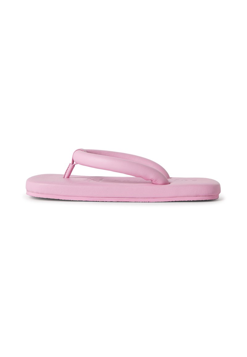 Pink flip-flop lavet af gummi, der har en flad sål med en let hævet kant og et minimalistisk stroppedesign. Glat overflade hele vejen igennem.