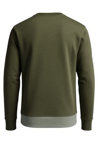 Sudadera verde oliva con cuello redondo, puños acanalados y dobladillo inferior. Presenta una textura suave y ribetes en gris claro que contrastan.