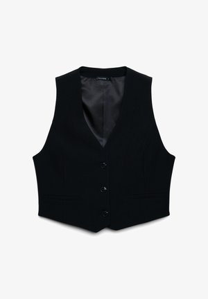 Gilet in tessuto nero con scollo a v, dotato di cinque bottoni frontali e due tasche. Interno con fodera liscia che completa l'esterno.