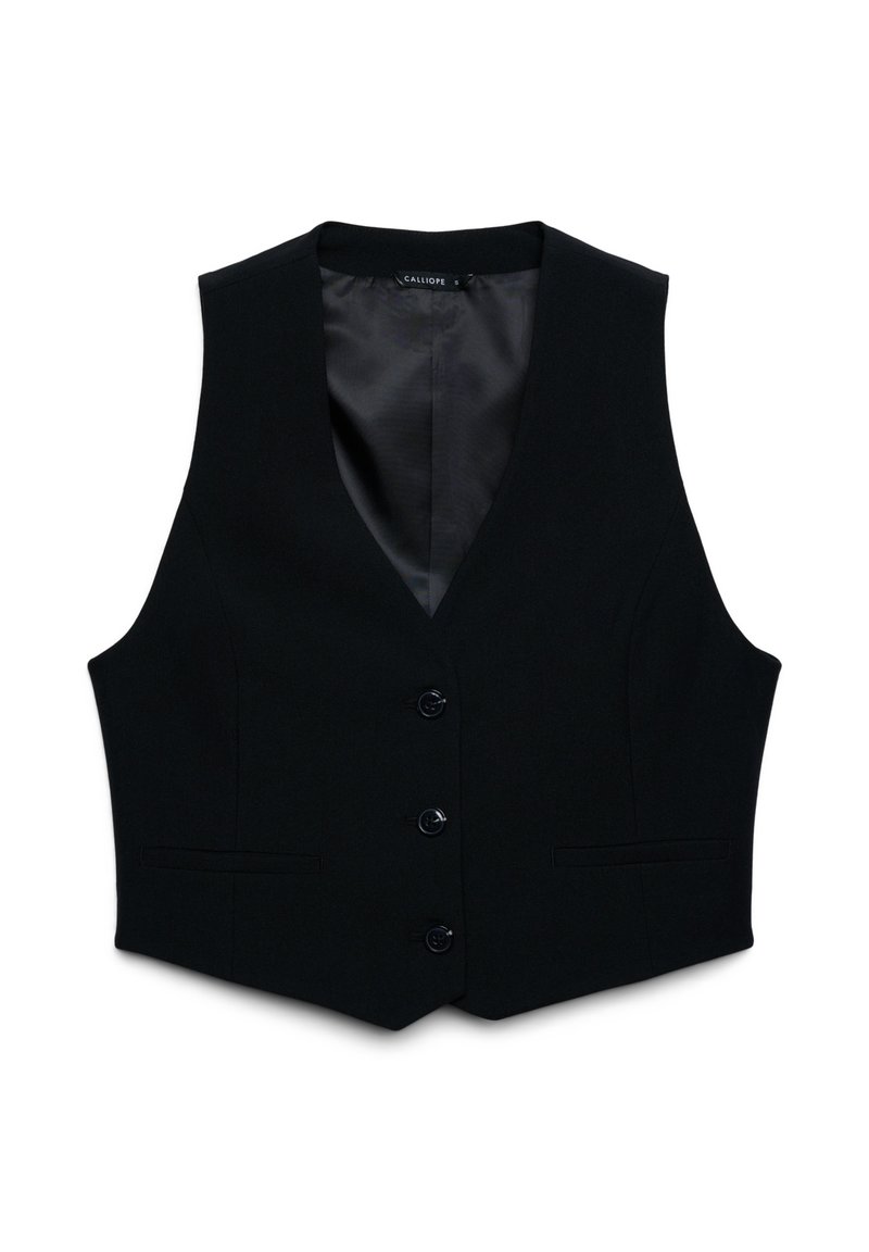 Gilet in tessuto nero con scollo a v, dotato di cinque bottoni frontali e due tasche. Interno con fodera liscia che completa l'esterno.