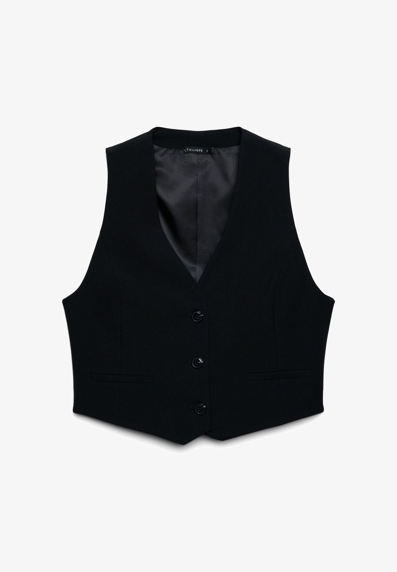 Gilet in tessuto nero con scollo a v, dotato di cinque bottoni frontali e due tasche. Interno con fodera liscia che completa l'esterno.