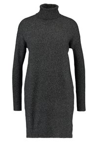 Robe pull à col roulé gris foncé avec manches longues, fabriquée en matière douce et texturée. Présente une coupe décontractée et des poignets côtelés.