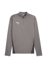 Grijze sporttop met lange mouwen en een kwart-rits kraag, met een wit Puma-logo op de borst en contrasterende donkere zijpanelen.