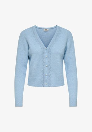 Cardigan bleu clair à manches longues, col en V, bordure en dentelle et boutons ressemblant à des perles sur le devant.