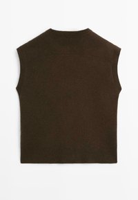 Brown sleeveless knit top with a high neckline and ribbed hem. Soft texture with a smooth, solid color and no visible patterns.