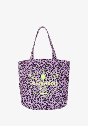 Purple leopard print tote bag with long handles and neon yellow "Chiemsee" logo featuring a stylized figure with outstretched arms.