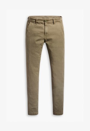 Chinos caqui de algodón con una textura suave, que cuentan con un cierre de botón, trabillas para el cinturón y dos bolsillos delanteros. Diseño de corte ajustado.